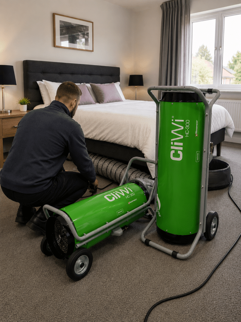 ThermoPest technician setting up a heater in a bedroom for a bed bug heat treatment