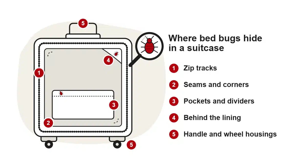 Bed Bugs in Luggage: How to Check and Treat Your Suitcase 1 Diagram of an open suitcase showing where bed bugs hide: zip tracks, seams and corners, pockets and dividers, behind the lining, and the handle and wheel housings