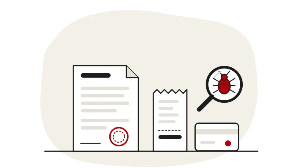 Illustration of a claim document with a stamp, a receipt and a key card, with a bed bug under a magnifying glass