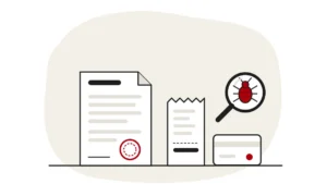 Illustration of a claim document with a stamp, a receipt and a key card, with a bed bug under a magnifying glass