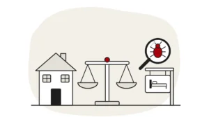 Illustration of a house, a set of scales and a hotel sign, with a bed bug under a magnifying glass