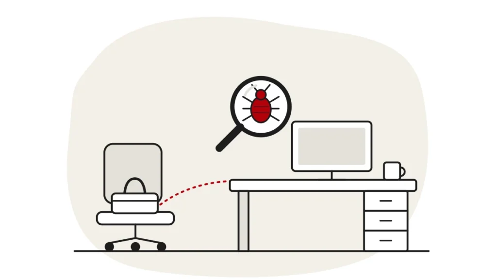 Illustration of an office chair with a bag and a desk, with a bed bug under a magnifying glass
