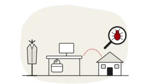 Illustration of an office desk with a bag hung on a hook off the floor, a coat stand and a dashed route to a house, with a bed bug under a magnifying glass