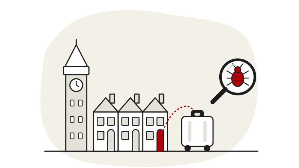 Illustration of a simple London skyline with a clock tower and terraced houses, a suitcase on the pavement and a bed bug under a magnifying glass