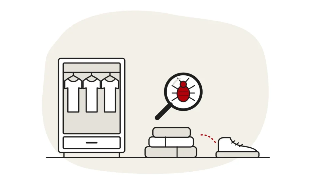 Illustration of a wardrobe with shirts, folded clothes and a trainer, with a bed bug under a magnifying glass
