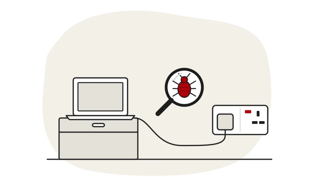 Illustration of a laptop on a bedside table plugged into a wall socket, with a bed bug under a magnifying glass