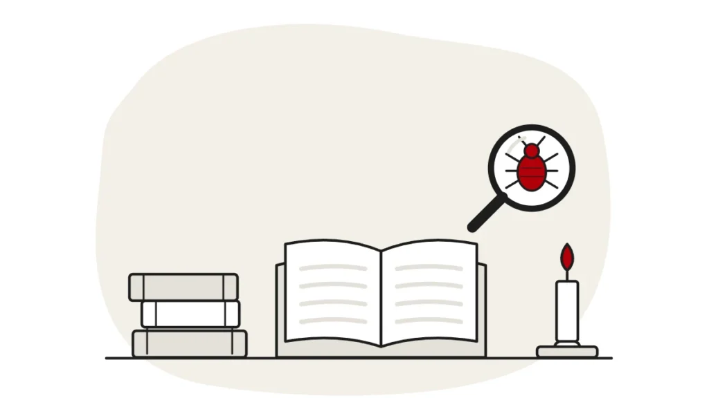 Illustration of old books, an open book and a candle, with a bed bug under a magnifying glass