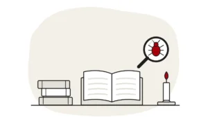 Illustration of old books, an open book and a candle, with a bed bug under a magnifying glass