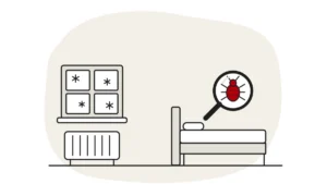 Illustration of a window with snowflakes outside above a warm radiator, beside a bed, with a bed bug under a magnifying glass