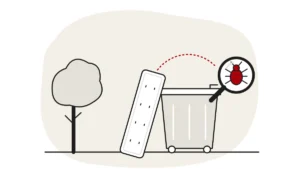 Illustration of a tree and a mattress leaning on a wheelie bin, with a bed bug under a magnifying glass