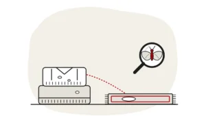 Illustration of folded wool jumpers with moth holes and a rug with a bare patch, with a clothes moth under a magnifying glass