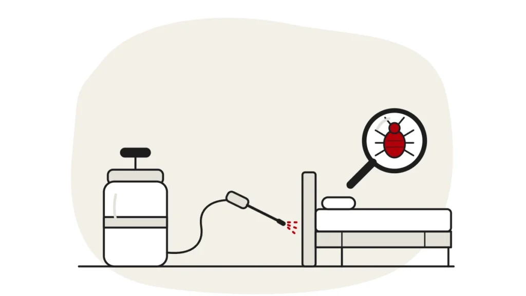 Illustration of a pressure sprayer aimed at a bed frame, with a bed bug under a magnifying glass