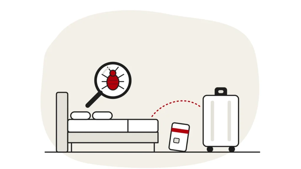 Illustration of a hotel bed, a room key card and a suitcase, with a bed bug under a magnifying glass