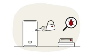 Illustration of a mattress stood on its side with a handheld vacuum nozzle at the seam, a folded zipped mattress encasement beside it, and a bed bug under a magnifying glass