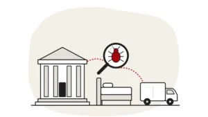 Illustration of a town hall and a small van either side of a bed, with a bed bug under a magnifying glass