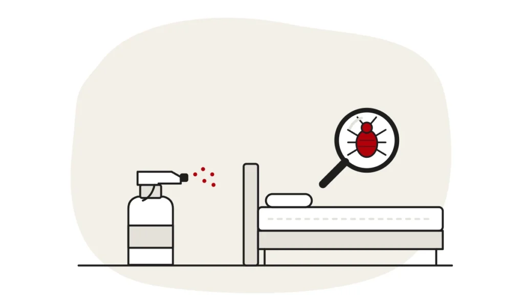 Illustration of an unbranded spray bottle beside a bed, with a bed bug under a magnifying glass