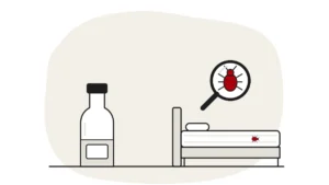 Illustration of a plain vinegar bottle beside a bed, with a bed bug under a magnifying glass