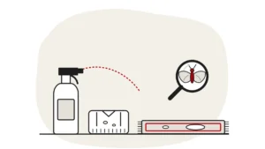 Illustration of an unlabelled spray bottle, a folded jumper with moth holes and a rug with bare patches, with a clothes moth under a magnifying glass