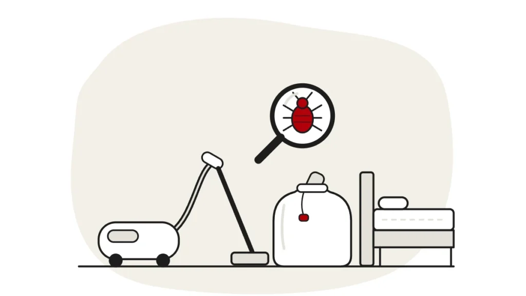Illustration of a vacuum cleaner and a laundry bag beside a bed, with a bed bug under a magnifying glass