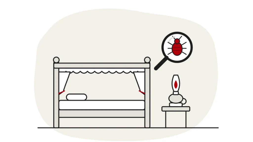 Illustration of an old wooden four-poster bed beside an oil lamp on a small table, with a bed bug under a magnifying glass