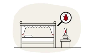 Illustration of an old wooden four-poster bed beside an oil lamp on a small table, with a bed bug under a magnifying glass