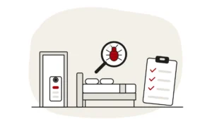 Illustration of a hotel room door with a hanger, a hotel bed and a checklist, with a bed bug under a magnifying glass