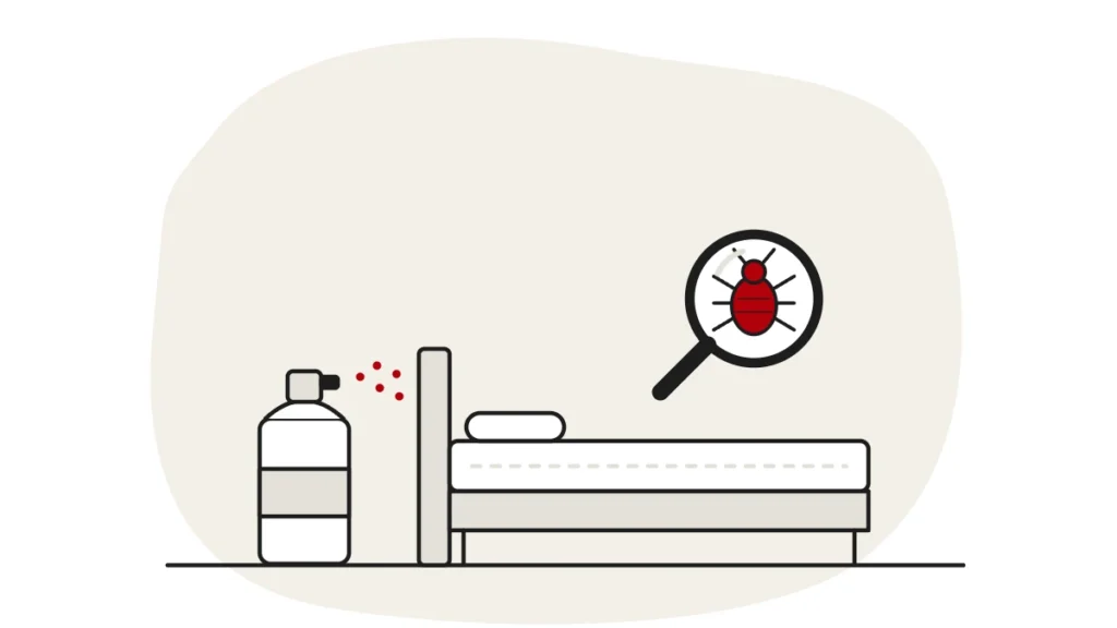 Illustration of an unbranded aerosol can beside a bed, with a bed bug under a magnifying glass