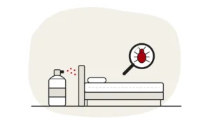 Illustration of an unbranded aerosol can beside a bed, with a bed bug under a magnifying glass