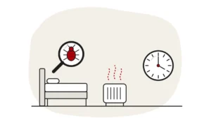 Illustration of a bed and a heater with warm air lines beside a wall clock, with a bed bug under a magnifying glass