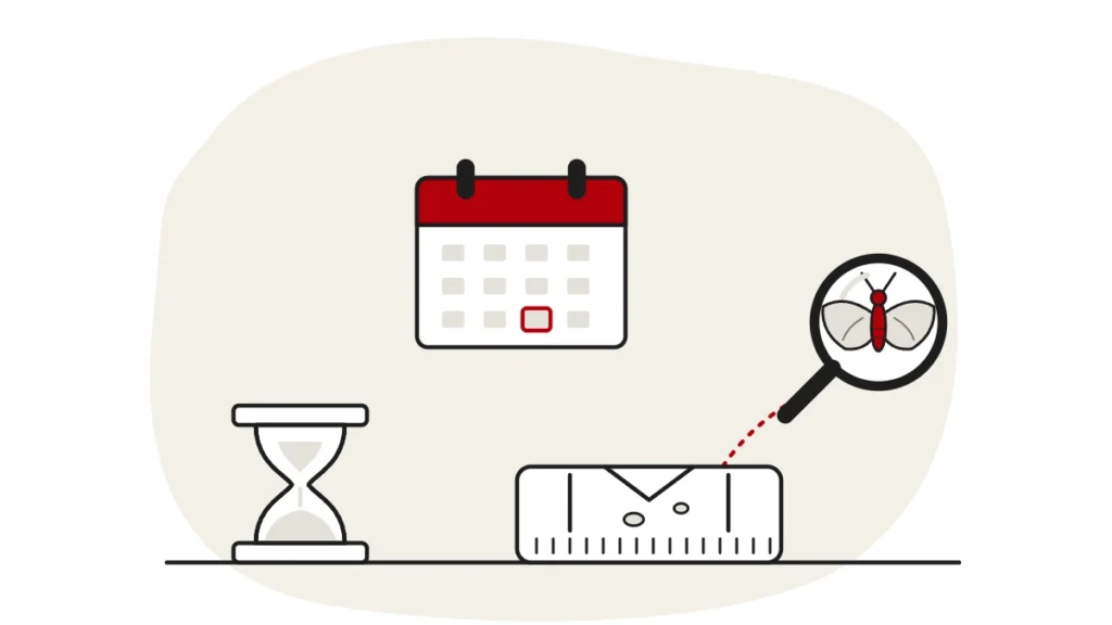 Illustration of an hourglass, a calendar and a jumper with moth holes, with a clothes moth under a magnifying glass