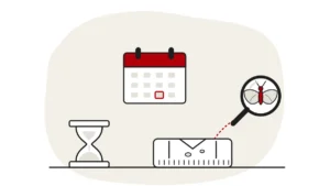 Illustration of an hourglass, a calendar and a jumper with moth holes, with a clothes moth under a magnifying glass