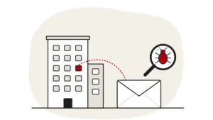 Illustration of a block of flats with one window highlighted and a letter, with a bed bug under a magnifying glass