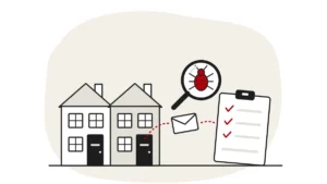 Illustration of two terraced houses, a letter and a checklist, with a bed bug under a magnifying glass