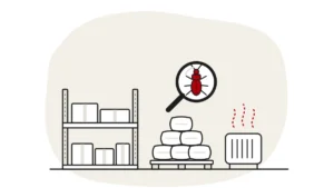 Illustration of a warehouse food store with racking, boxes and a pallet stacked with sacks beside a heater with warm air lines, with a grain beetle under a magnifying glass