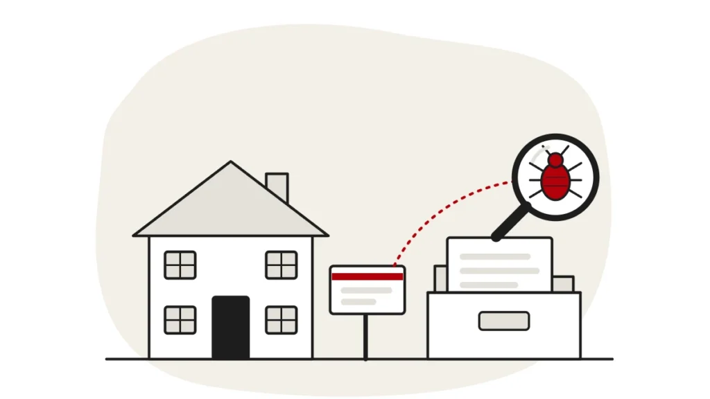 Illustration of a house with a for-sale board and a box of paperwork, with a bed bug under a magnifying glass