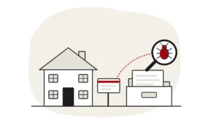 Illustration of a house with a for-sale board and a box of paperwork, with a bed bug under a magnifying glass