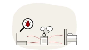 Illustration of a smoke canister on a bedroom floor with dashed lines spreading towards a bed and a skirting board, with a bed bug under a magnifying glass