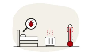 Illustration of a bed and a small heater with warm air lines beside a thermometer with a red band highlighted near the top, with a bed bug under a magnifying glass