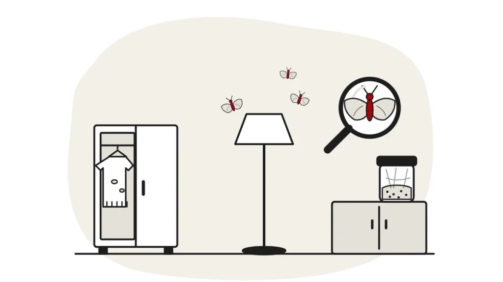Illustration of an open wardrobe, a floor lamp with small moths and a food jar on a cupboard, with a moth under a magnifying glass